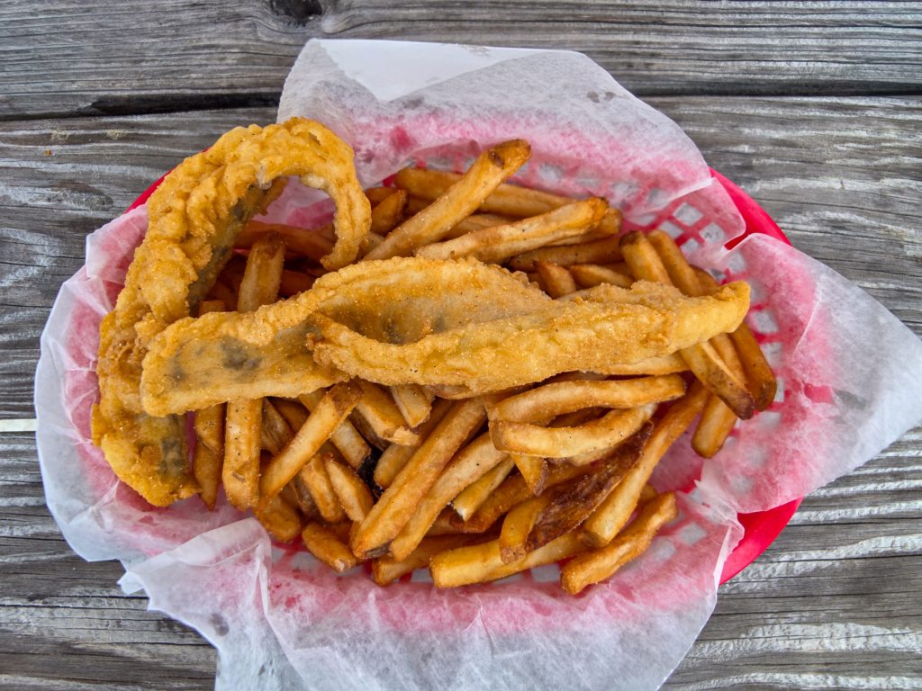 Plate of Lake Erie perch with French fries served at Rum Runner’s in Erie PA.