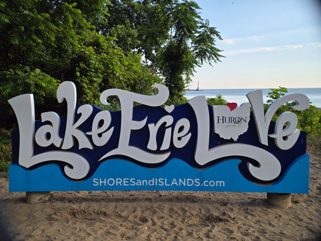 Lake Erie Love sign on the sand at Nickel Plate Beach in Huron, Ohio.
