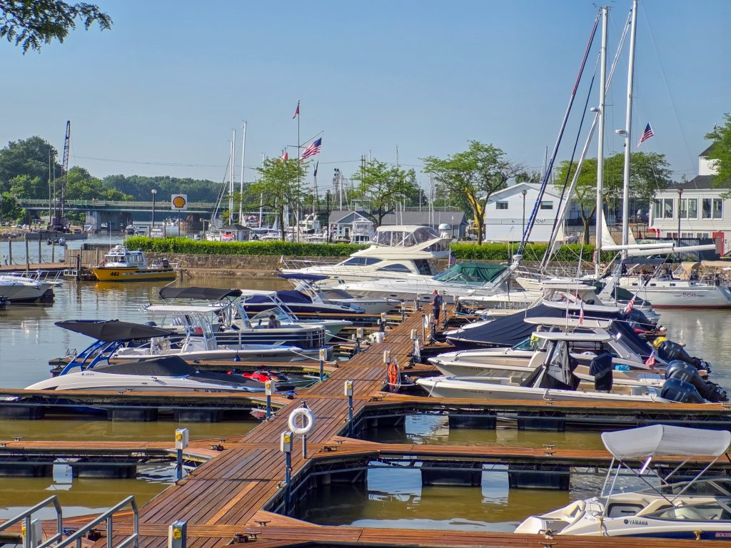 Docks and boats at the Huron Boat Basin marina in Huron, Ohio.