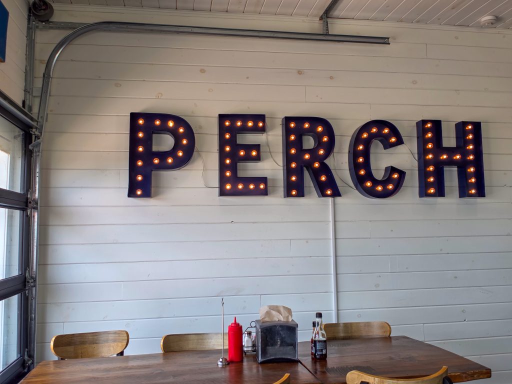 Perch sign inside Jolly Roger restaurant in Port Clinton, Ohio.