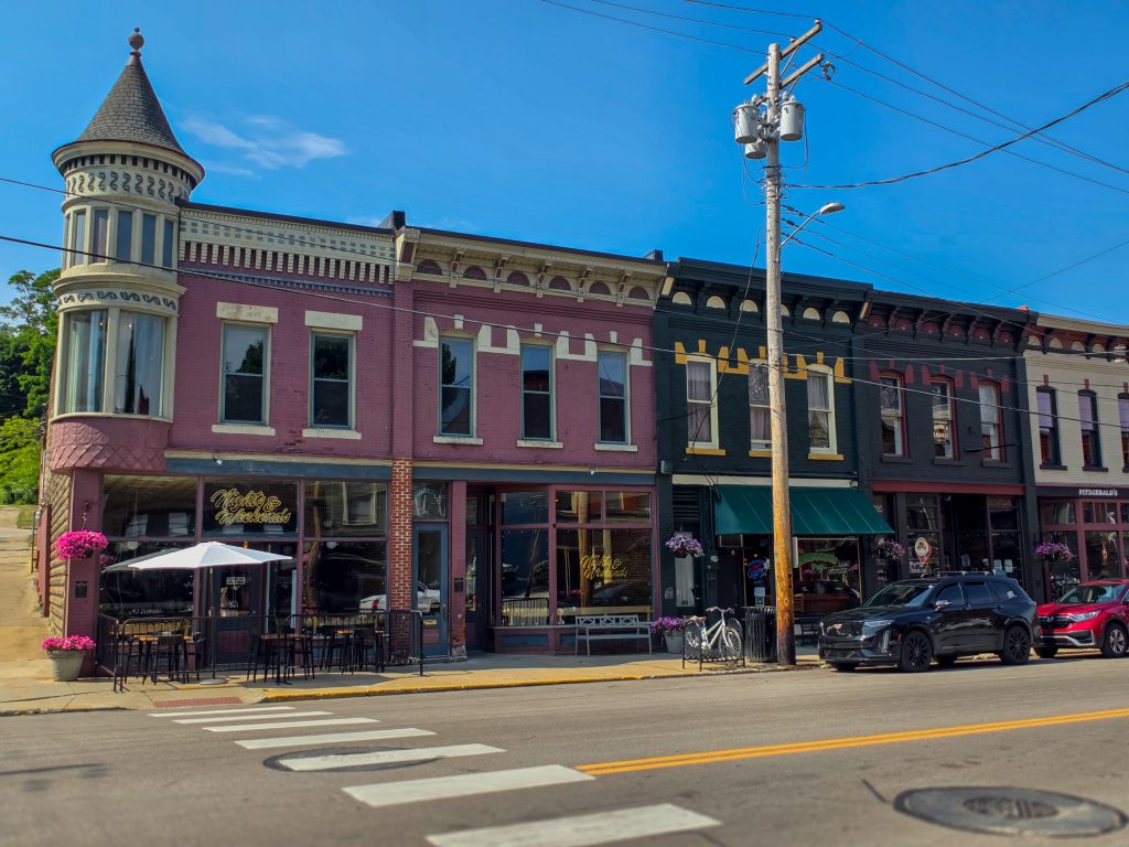 Shops and restaurants inside restored buildings on Bridge Street Ashtabula Ohio