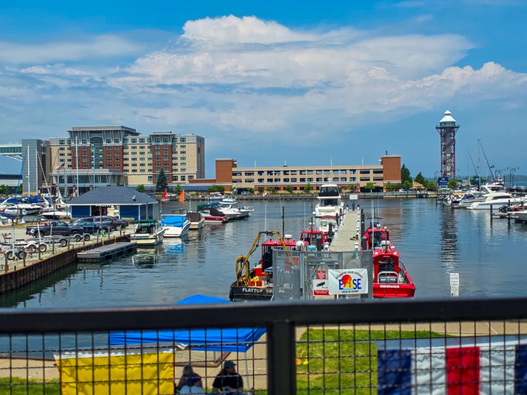 Erie Pennsylvania harbor view with Bicentennial Tower and waterfront hotels
