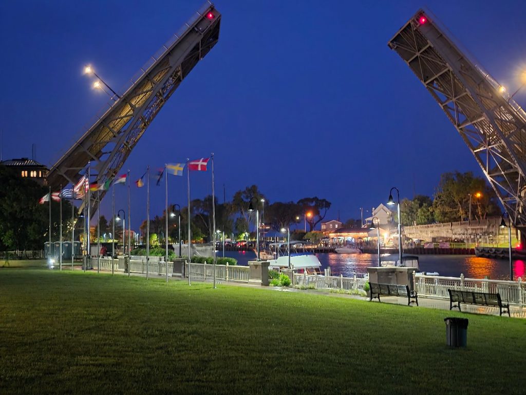 Lorain Bascule Bridge lifted as boats pass underneath