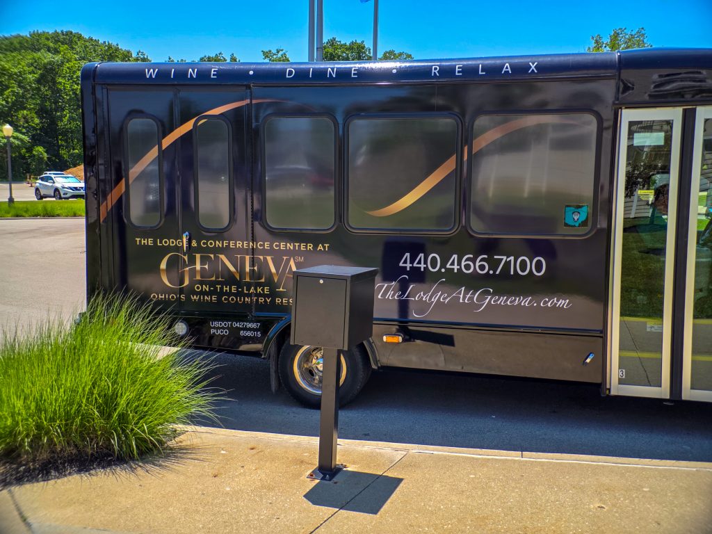 Wine tour bus parked at the Lodge At Geneva.