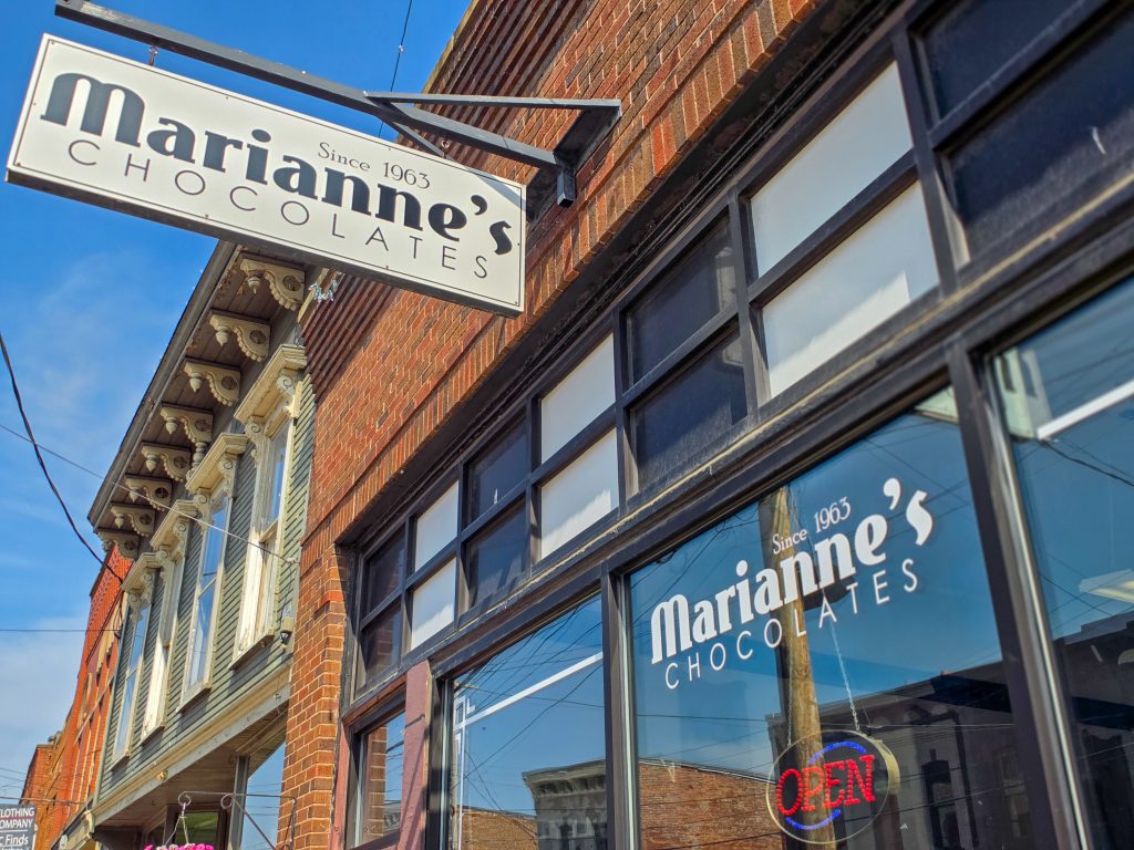 Exterior of Marianne’s Chocolate shop on Bridge Street in Ashtabula Ohio