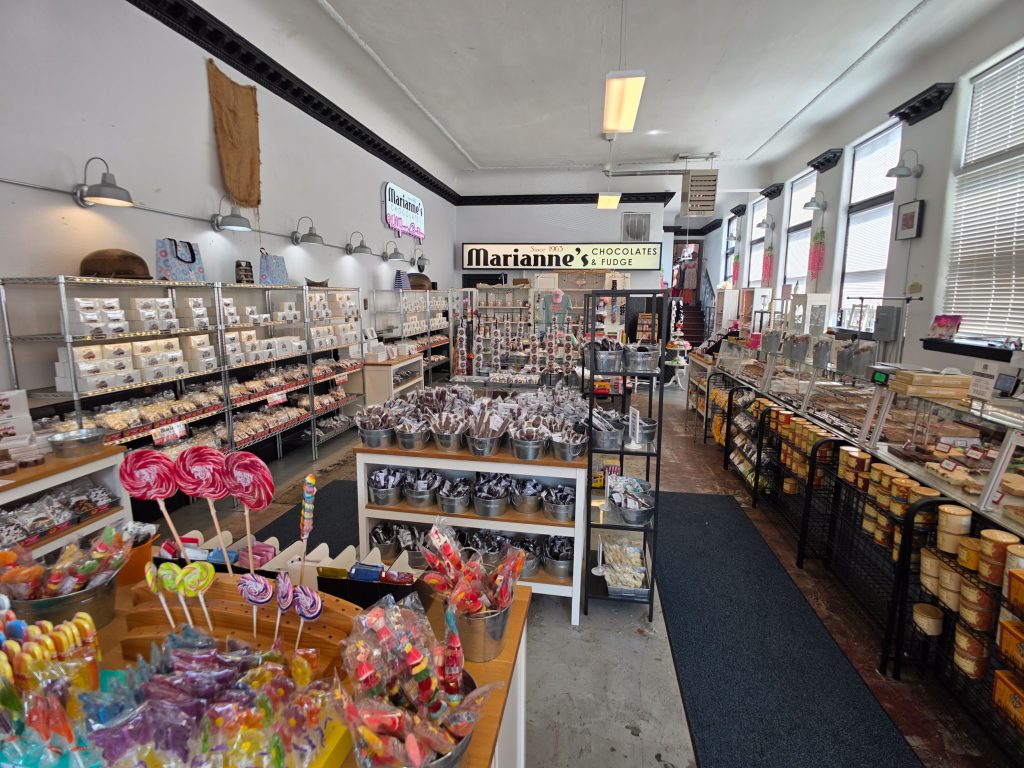 Chocolate displays inside Marianne’s Chocolate shop in Ashtabula Ohio