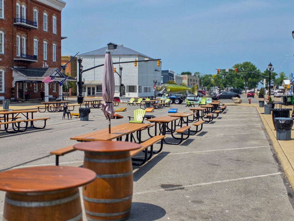 Port Clinton Main Street with Wally the Walleye statue