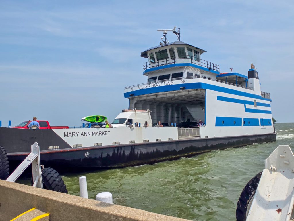 Miller Ferry boat unloading cars and passengers at Catawba Island dock